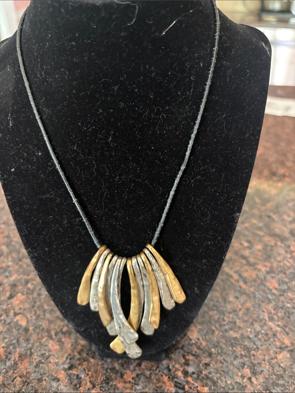 Chico's Silver brass Tone Mixed Metal Hammered panels Leather Statement Necklace